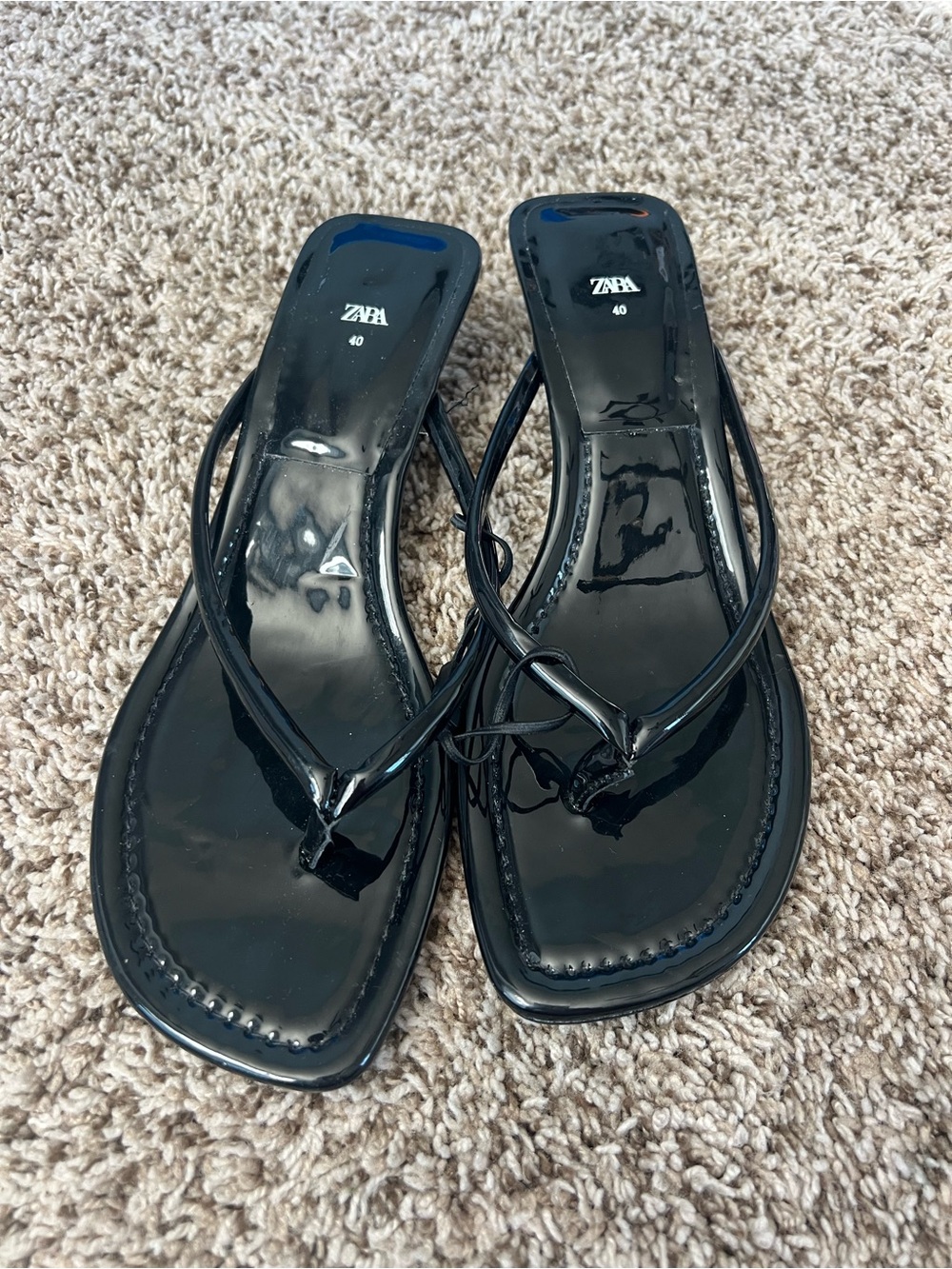 Zara Glossy Black Square-Toe Thong Sandals